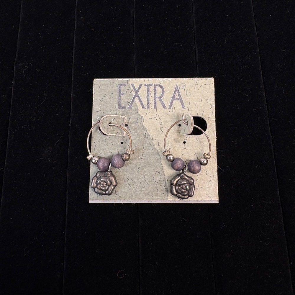 EXTRA" Brand Antiqued Silver Rose Flower & Lavender Bead Dangle Hoop Earrings